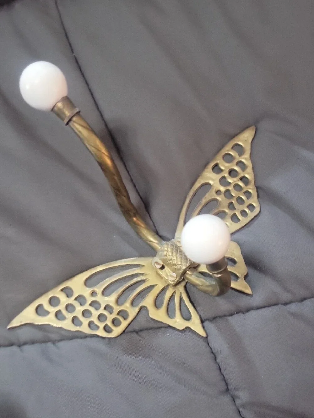 Brass Butterfly Wall Hooks with White Ceramic Knobs - Set of 2